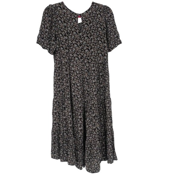 Aerie Size M Black Floral Print Short Sleeve Tiered Midi Dress Boho Peasant - Picture 2 of 13
